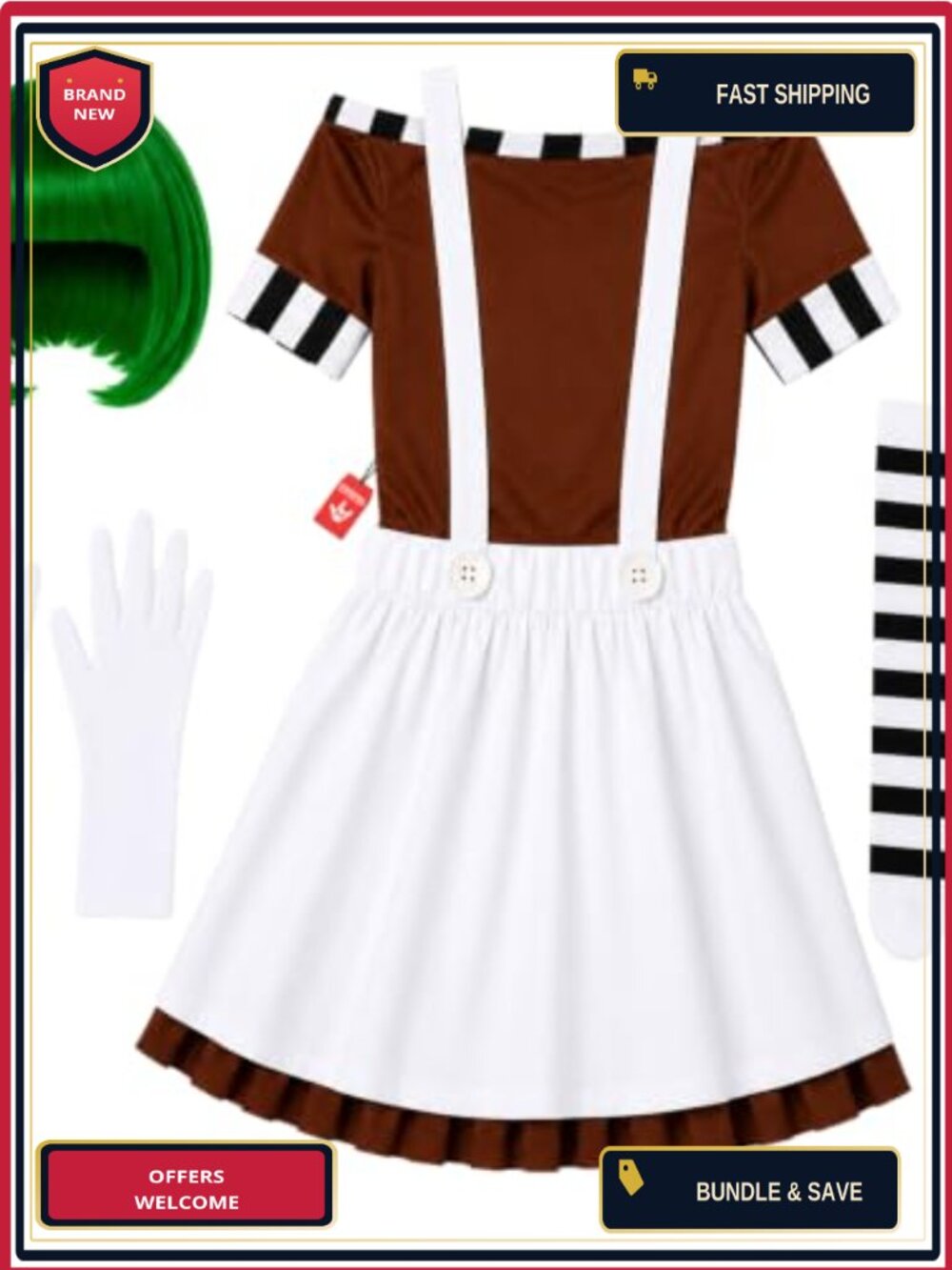 Chocolate Factory Worker Costume Set Top Skirt Socks Gloves Wig